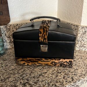 vintage black leather fur leopard jewelry box holder storage